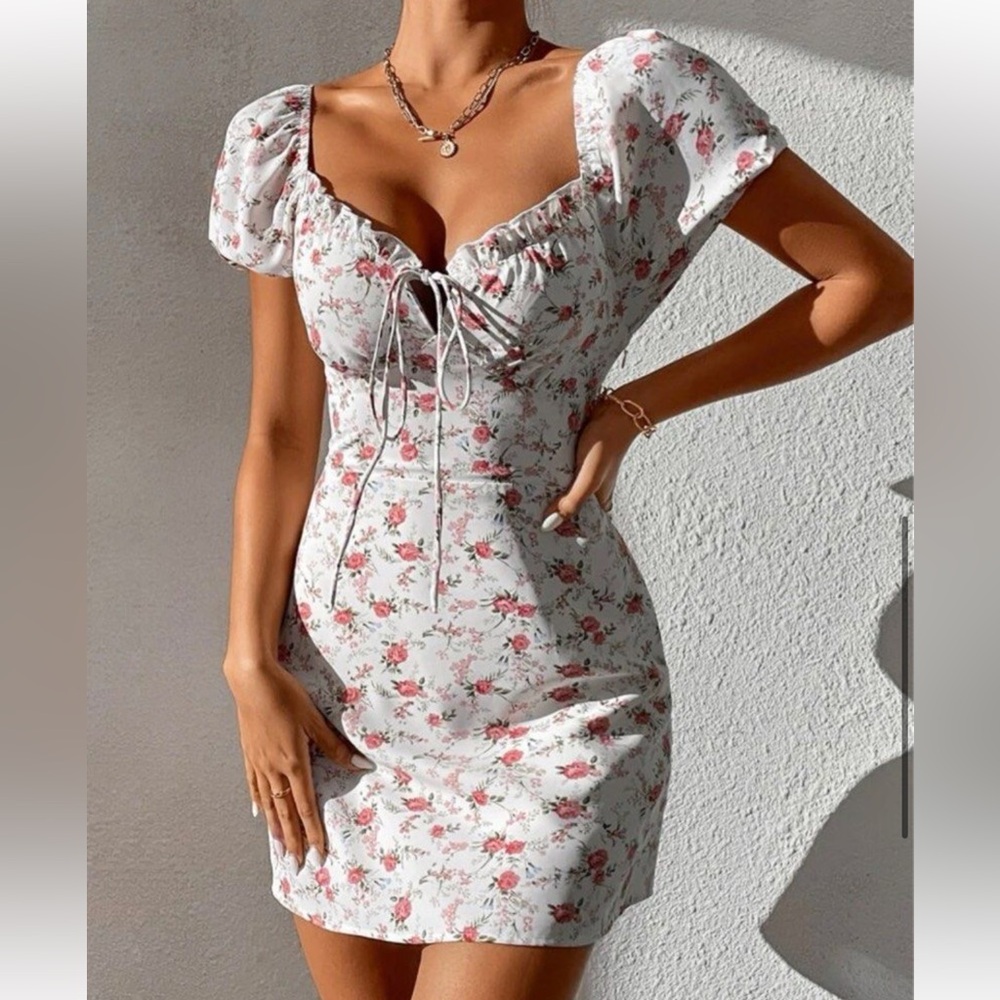 SHEIN | Petite all over floral print tie front puff sleeve dress
